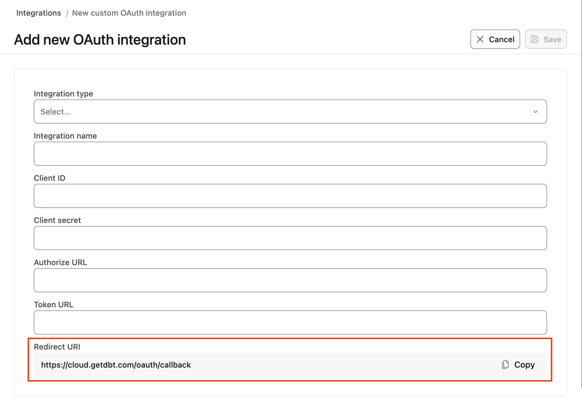 Copy the callback URI at the bottom of the integration page in dbt.