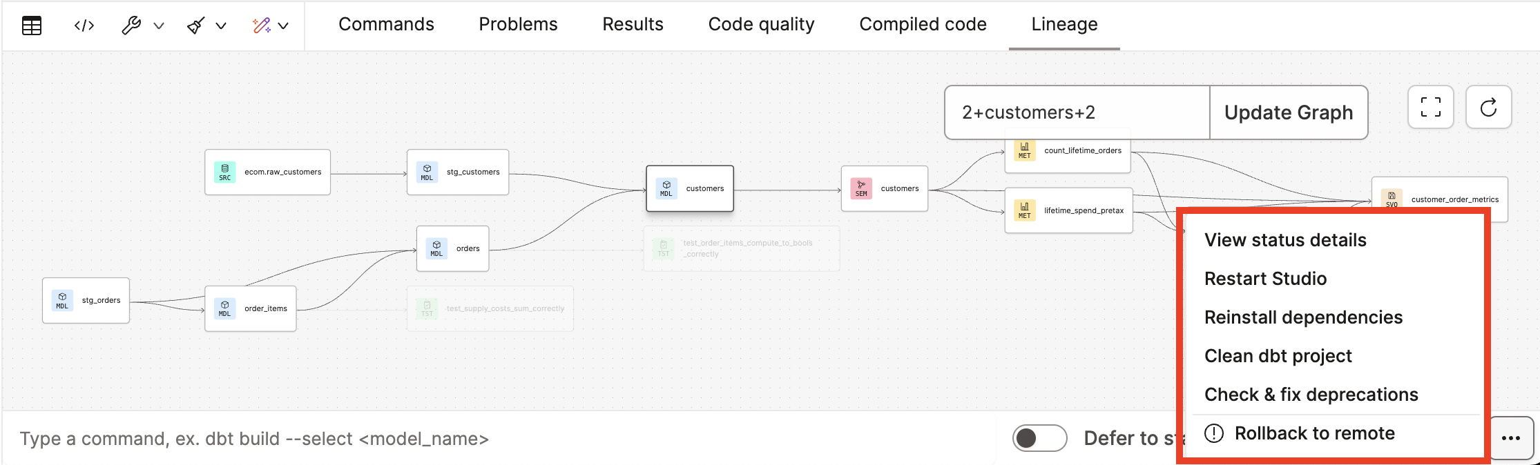 Access the Studio IDE options menu