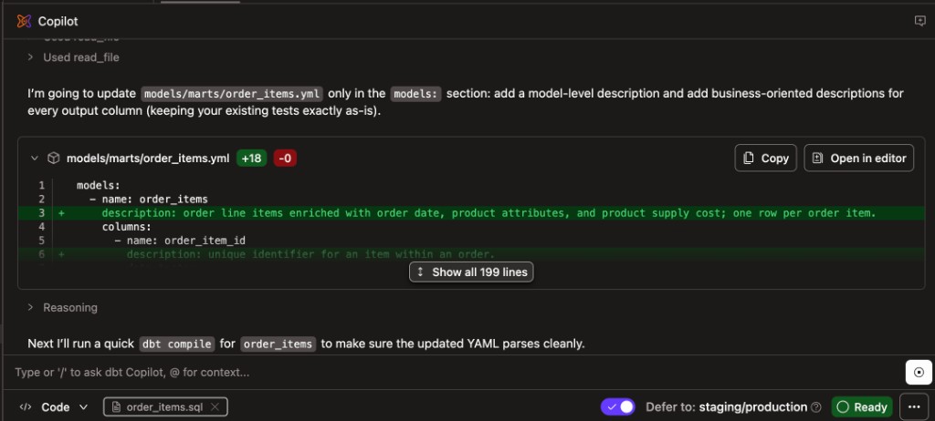 The Developer agent displaying a diff of proposed YAML changes with line indicators and copy/open options.
